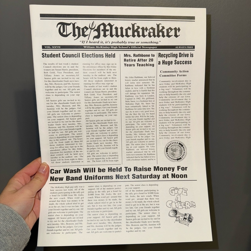 Glee newspaper Muckraker prop